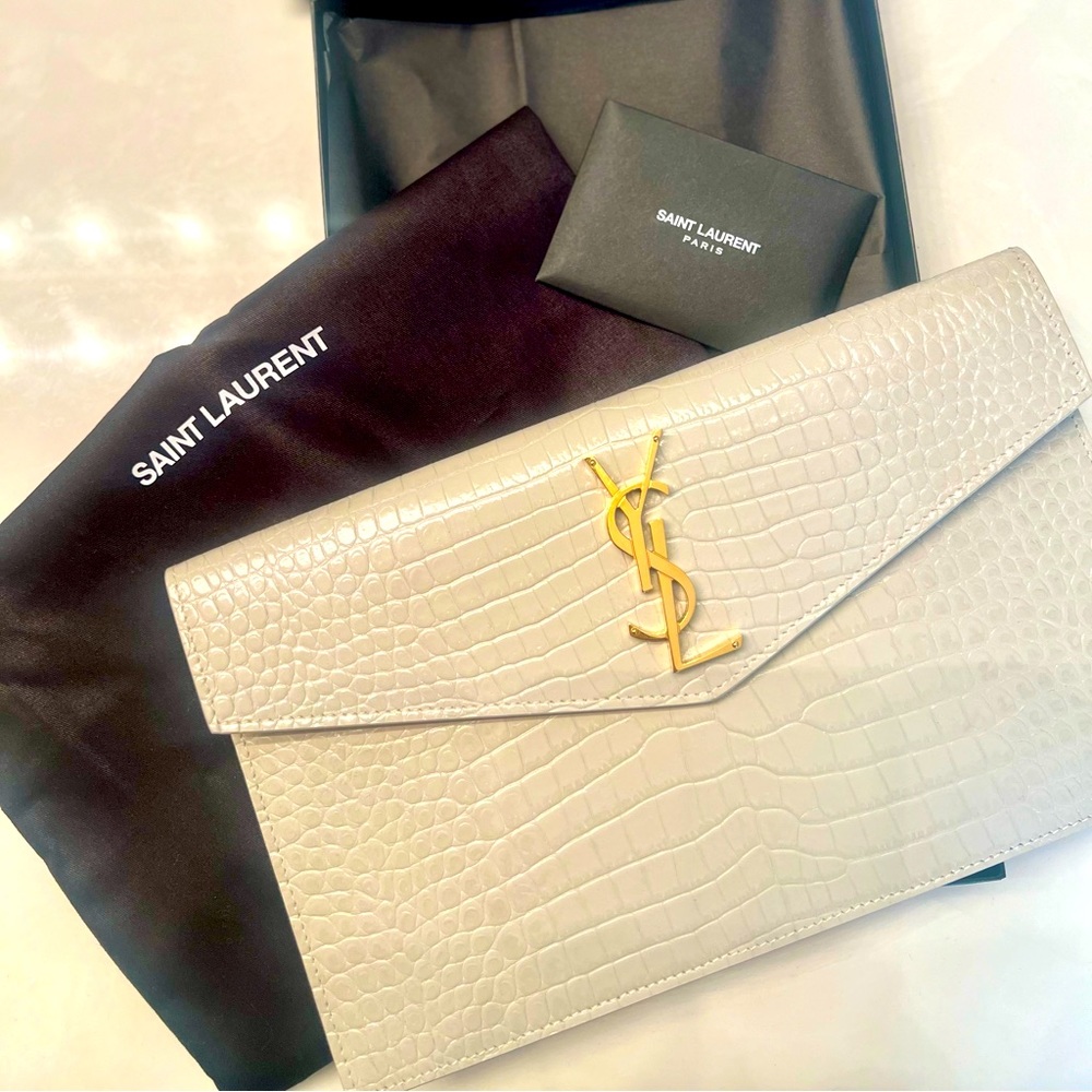 YSL UPTOWN POUCH IN CROCODILE-EMBOSSED SHINY LEATHER